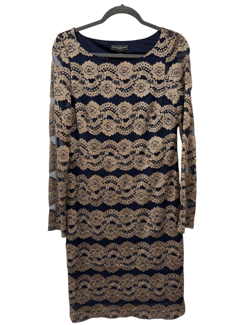Jessica Howard lace sheath cocktail dress navy gold size 12 elegant glam